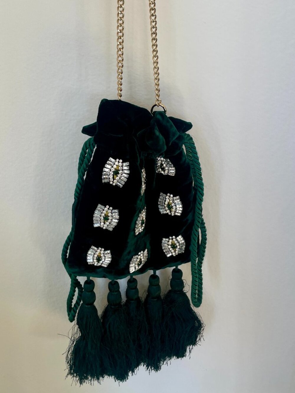 Gorgeous & Other Stories green velvet tassel handbag